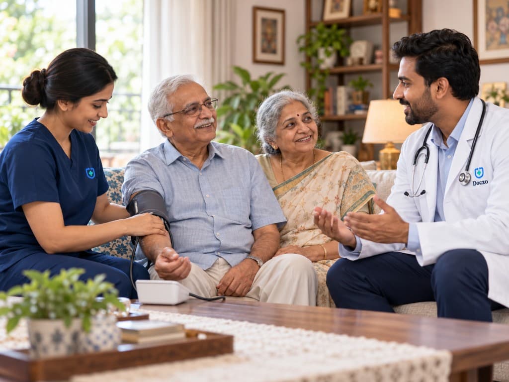 A nurse checking an older man’s blood pressure at home while a doctor speaks with him and his wife