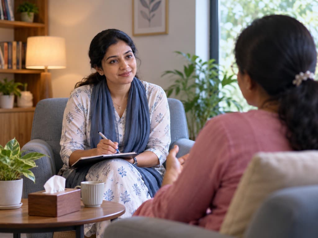 A counsellor taking notes while speaking with a woman during a session