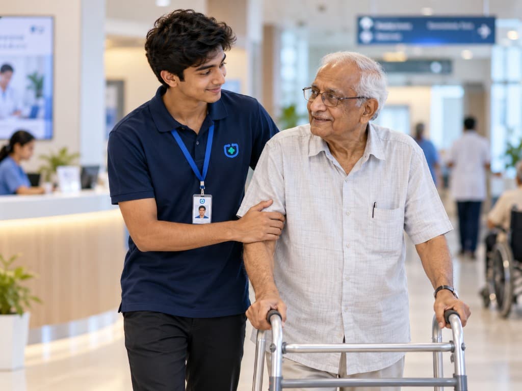 A care coordinator walking with an older man using a walker in a hospital