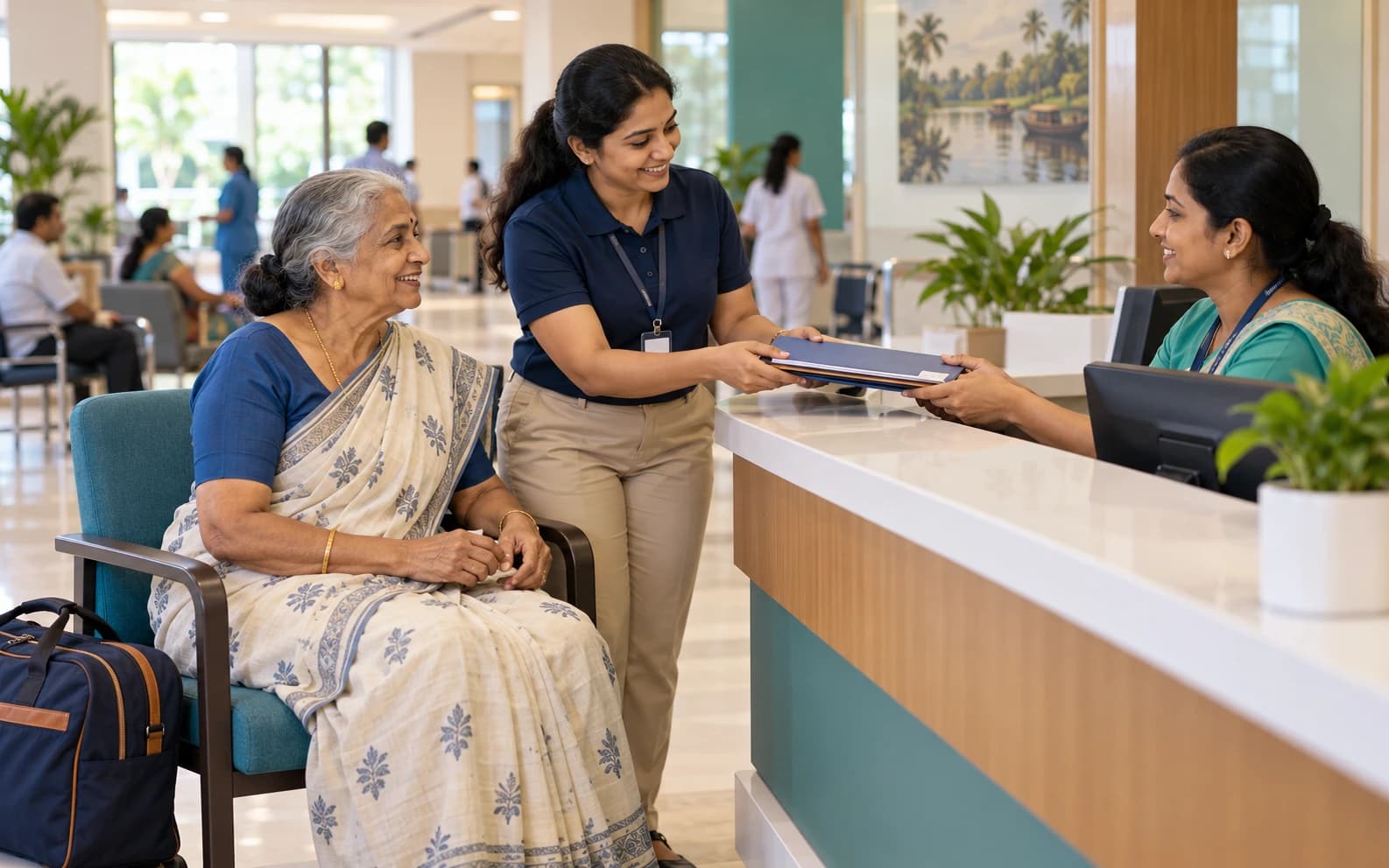 Doczo companion handing an older woman’s admission papers to a hospital front desk in Kozhikode