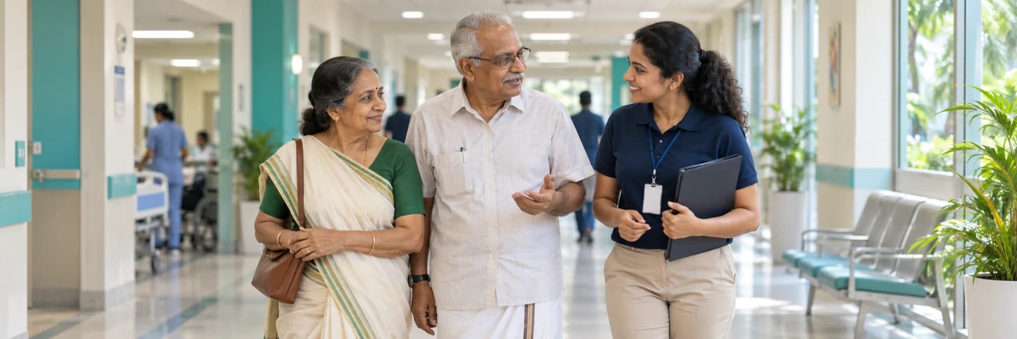 Doczo hospital companion walking with an older couple along a hospital corridor in Kozhikode