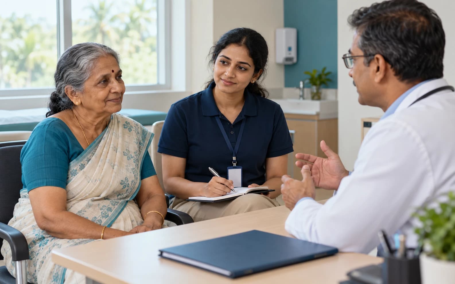 Doczo hospital companion taking notes for an older woman during a doctor’s consultation in Kozhikode