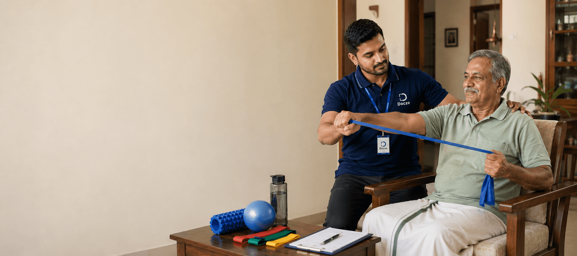 Doczo physiotherapist guiding a patient through rehabilitation exercises at home